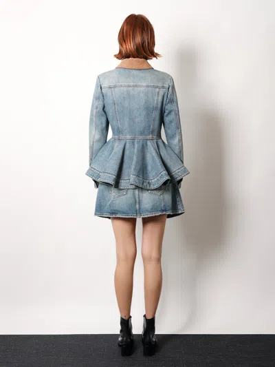 Alexander Mcqueen Corduroy Collar Peplum Denim Jacket Clothing In Blue