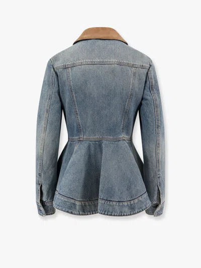 Alexander Mcqueen Corduroy Collar Peplum Denim Jacket Clothing In Blue