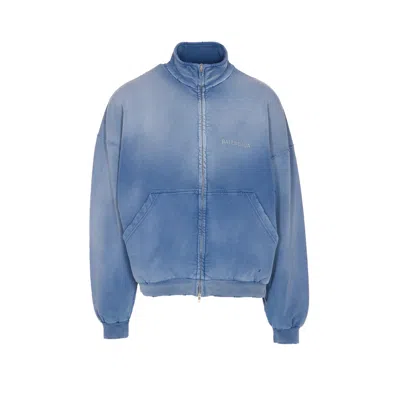 Balenciaga Distressed Logo Zip-up Sweatshirt In Blue