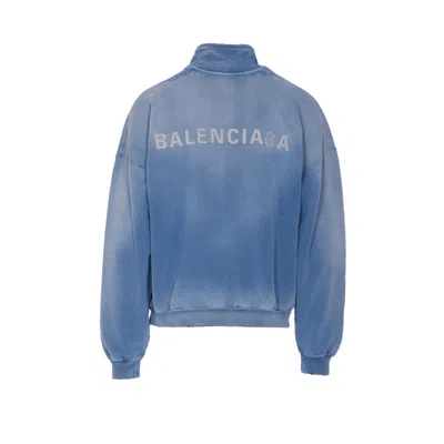 Balenciaga Distressed Logo Zip-up Sweatshirt In Blue
