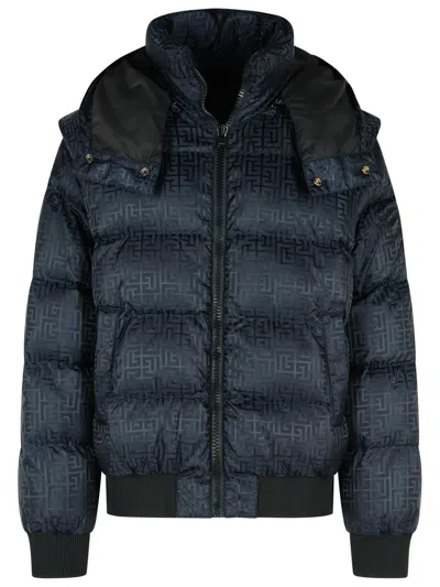 Balmain Short Nylon Jacquard Down Jacket With Black Monogram Men