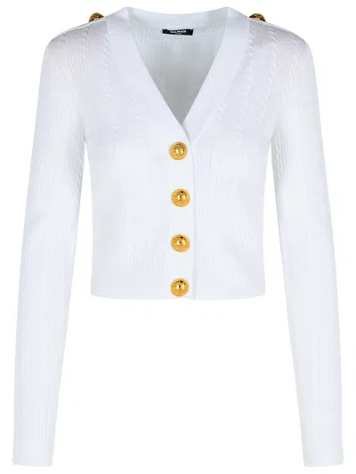 Balmain V-neck Cable Knit Cardigan With Gold-tone Buttons In White