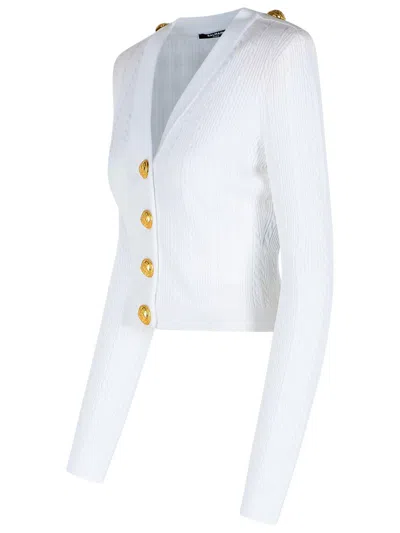 Balmain V-neck Cable Knit Cardigan With Gold-tone Buttons In White