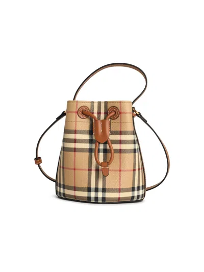 Burberry Drawstring Bucket Bag With Signature Plaid Pattern In Neutral