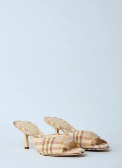 Burberry Beige Check Linen Mule Sandals With 6.5 Cm Heel Lf Mews 65 Chk 162393 In Neutral