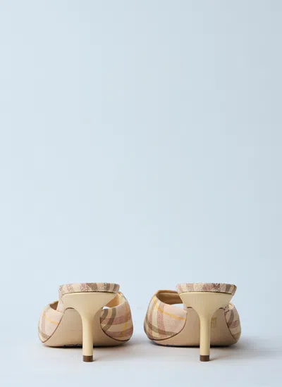 Burberry Beige Check Linen Mule Sandals With 6.5 Cm Heel Lf Mews 65 Chk 162393 In Neutral
