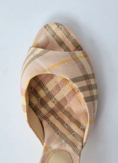 Burberry Beige Check Linen Mule Sandals With 6.5 Cm Heel Lf Mews 65 Chk 162393 In Neutral