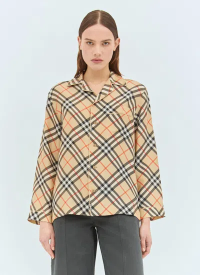 Burberry Women Check Silk Pyjama Shirt In Cream