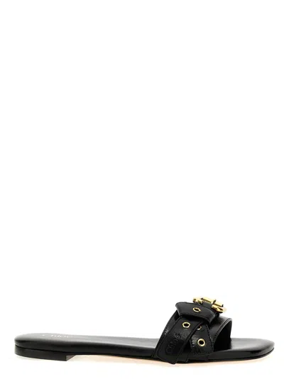 Chloé Mae Leather Buckle Flat Slide Sandals In Black