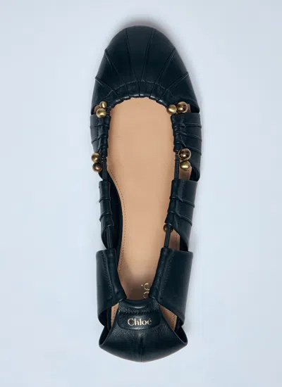 Chloé Luna Cut-out Embellished Gathered Leather Ballet Flats In Black