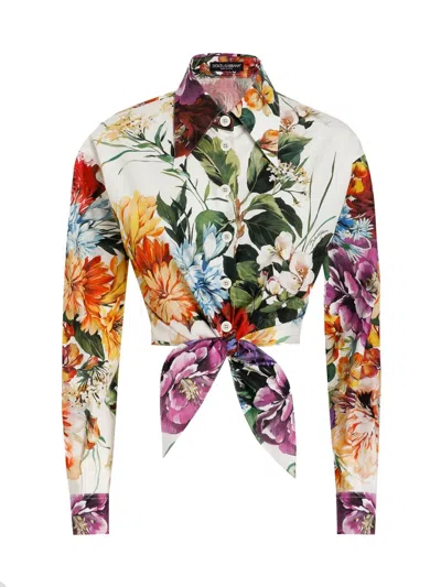 Dolce & Gabbana Multicolor Cropped Shirt With Tie Closure On The Front And All-over Floral Print In Multi