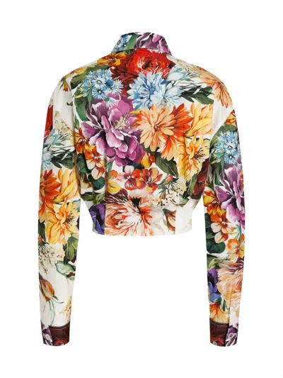 Dolce & Gabbana Multicolor Cropped Shirt With Tie Closure On The Front And All-over Floral Print In Multi