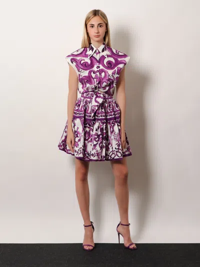 Dolce & Gabbana Violet Pleated Miniskirt With Rear Zip Closure And All-over Graphic Print In Multi