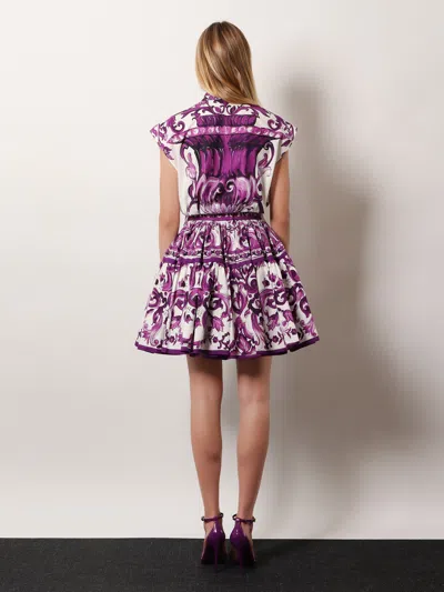 Dolce & Gabbana Violet Pleated Miniskirt With Rear Zip Closure And All-over Graphic Print In Multi
