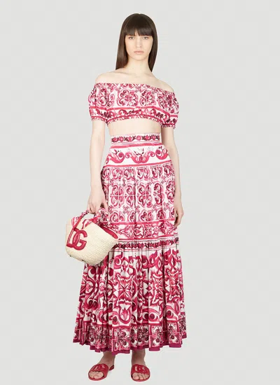 Dolce & Gabbana Maiolica Tiered Printed Cotton-poplin Maxi Skirt In Pink