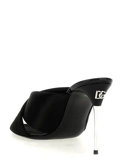 Dolce & Gabbana Solid Color Satin Sandals With Silver-tone Dg Monogram Heel