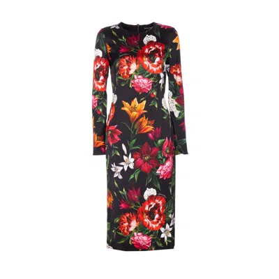 Dolce & Gabbana Flower Print Satin Midi Dress In Multi