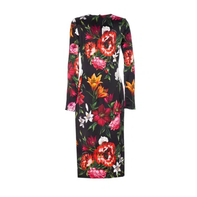 Dolce & Gabbana Flower Print Satin Midi Dress In Multi