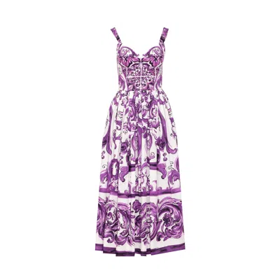 Dolce & Gabbana Long Poplin Dress With Majolica Print In Purple