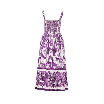 Dolce & Gabbana Long Poplin Dress With Majolica Print In Purple