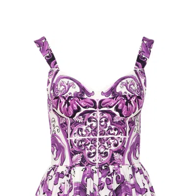Dolce & Gabbana Long Poplin Dress With Majolica Print In Purple