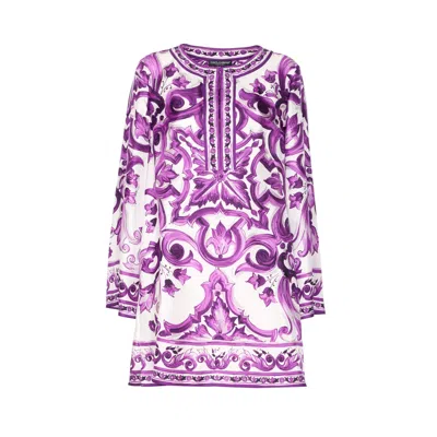 Dolce & Gabbana Majolica Silk Twill Long-sleeve Mini Shift Dress In Purple