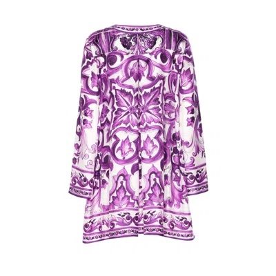 Dolce & Gabbana Majolica Silk Twill Long-sleeve Mini Shift Dress In Purple