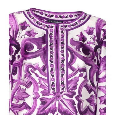 Dolce & Gabbana Majolica Silk Twill Long-sleeve Mini Shift Dress In Purple