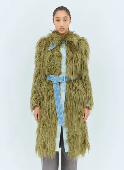 Dries Van Noten Women Faux Fur And Denim Coat In Green