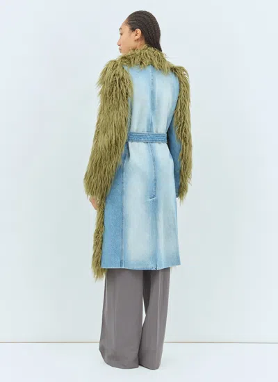 Dries Van Noten Women Faux Fur And Denim Coat In Green