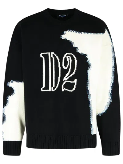 Dsquared2 Crew Neck Sweater With Bold Intarsia Pattern In Black