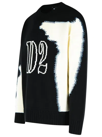 Dsquared2 Crew Neck Sweater With Bold Intarsia Pattern In Black
