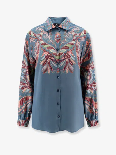 Etro Paisley Print Silk Shirt In Blue