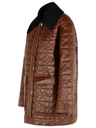 Ganni Shiny Quilt Midi Jacket In Brown