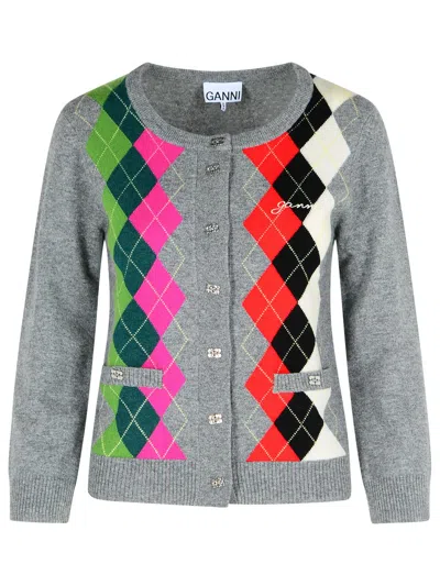 Ganni Argyle-pattern Logo-embroidered Cardigan In Multi