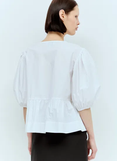 Ganni Crewneck Cotton Peplum Top Flounces In White