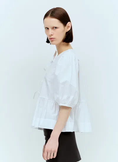 Ganni Crewneck Cotton Peplum Top Flounces In White