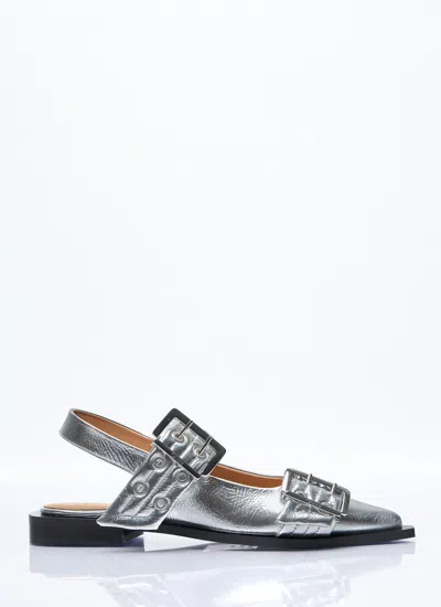 Ganni Women Feminine Buckle Ballerina Flats In Silver