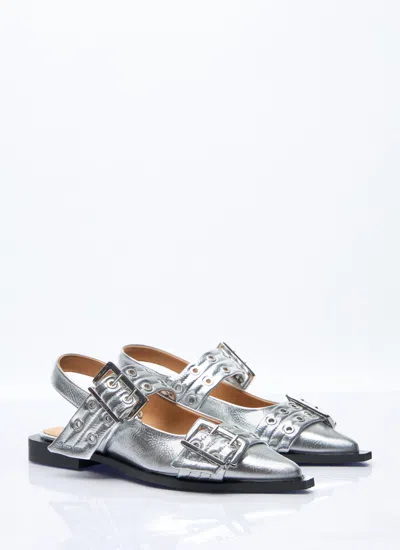 Ganni Women Feminine Buckle Ballerina Flats In Silver
