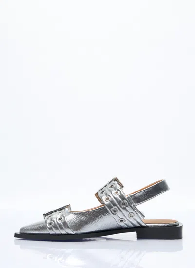 Ganni Women Feminine Buckle Ballerina Flats In Silver