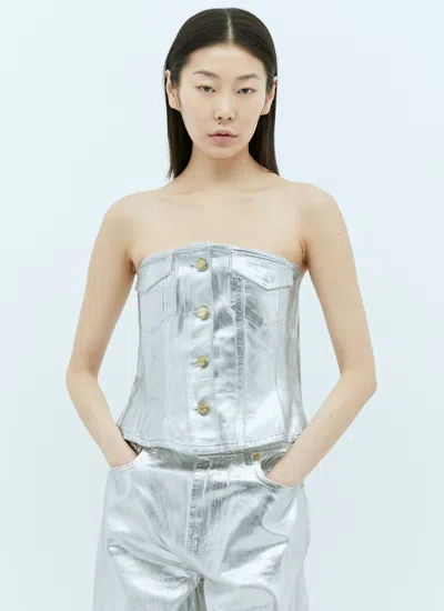Ganni Bustier Top In Foil Denim In Silver