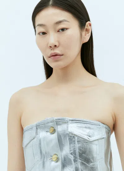Ganni Bustier Top In Foil Denim In Silver