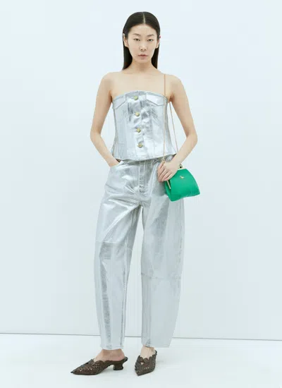 Ganni Bustier Top In Foil Denim In Silver