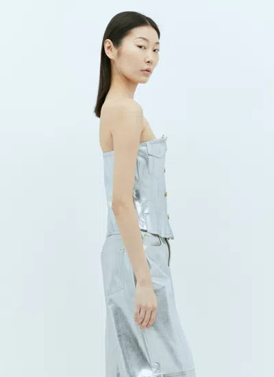 Ganni Bustier Top In Foil Denim In Silver