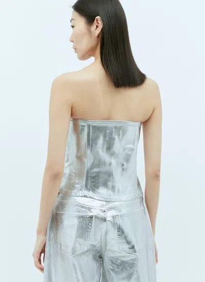 Ganni Bustier Top In Foil Denim In Silver