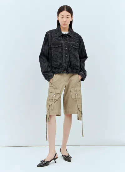 Ganni Animal Motif Denim Cropped Jacket In Black