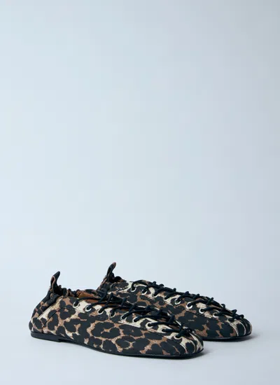 Ganni Denim Print Lace-up Ballerina Flats With Leopard Pattern In Animal Print