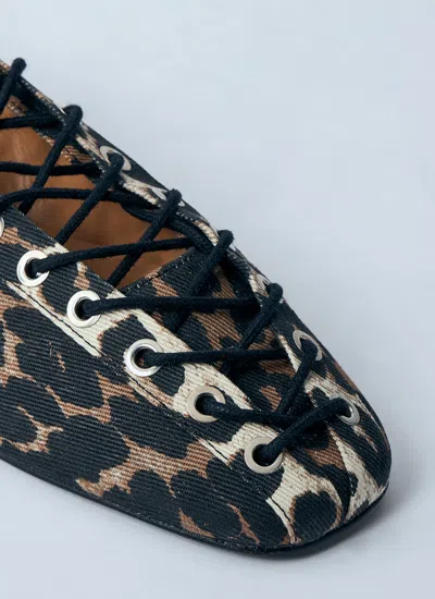 Ganni Denim Print Lace-up Ballerina Flats With Leopard Pattern In Animal Print