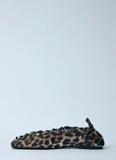 Ganni Denim Print Lace-up Ballerina Flats With Leopard Pattern In Animal Print