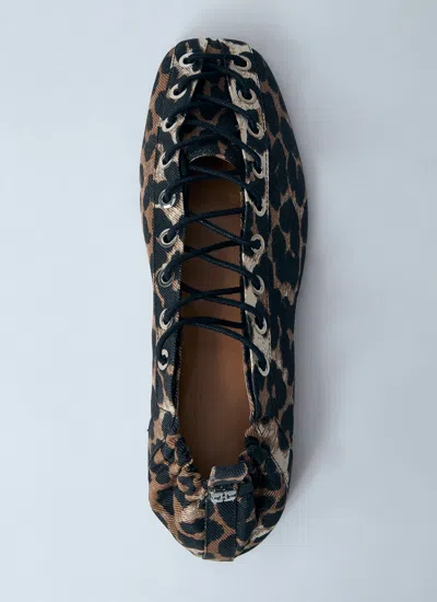 Ganni Denim Print Lace-up Ballerina Flats With Leopard Pattern In Animal Print